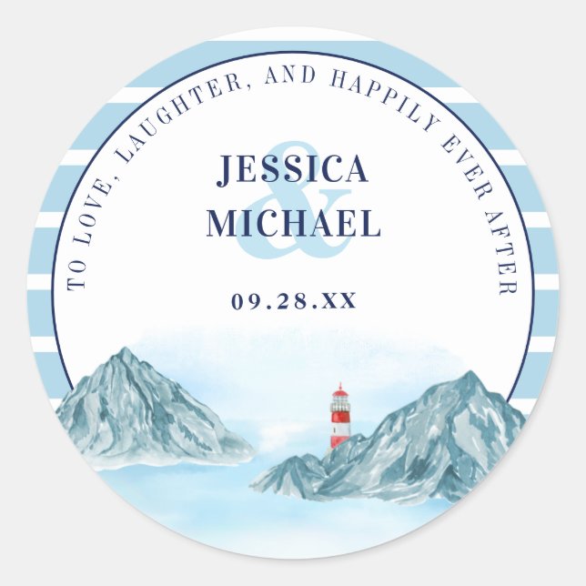 Sticker Rond Ocean Mountain Lighthouse Blue Watercolor Mariage (Devant)