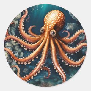 Sticker Rond Océan Octopus Bleu profond