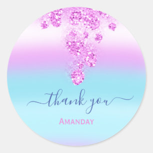 Sticker Rond Océan Rose Bleu Merci Nom Floral Mariage Douzième