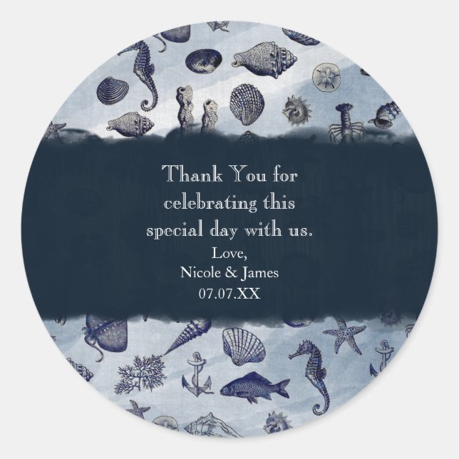 Sticker Rond Ocean Sea Life Nautical Seashells Beach Mariage (Devant)