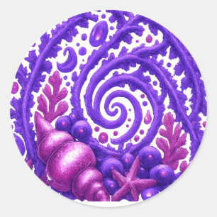 Sticker Rond Océan Violet Spirale Coquillage Art Fantastique   
