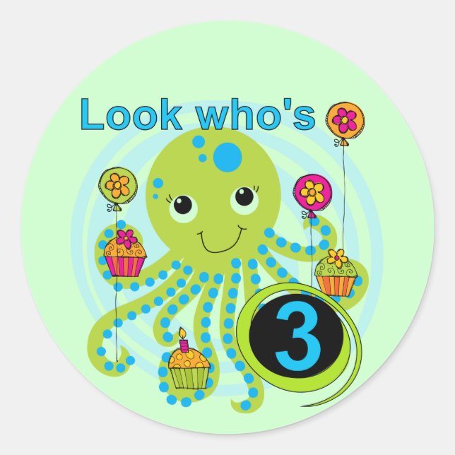 Sticker Rond Octopus 3e anniversaire T-shirts et cadeaux (Devant)