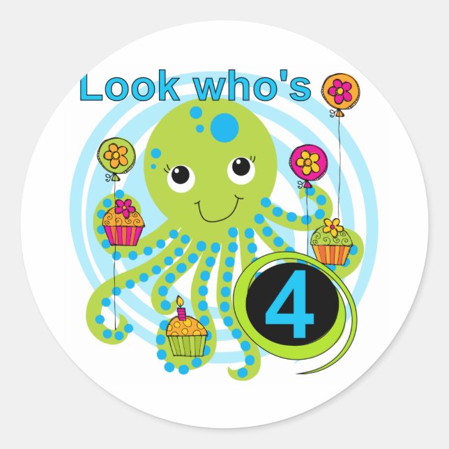 Sticker Rond Octopus 4e anniversaire T-shirts et cadeaux (Devant)