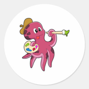 Sticker Rond Octopus à la peinture avec pinceau et couleur