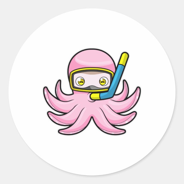 Sticker Rond Octopus à la plongée avec tuba et lunettes de nata (Devant)