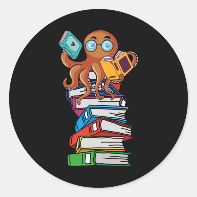 Sticker Rond Octopus Book Reading Kraken Library Humour Reader (Devant)