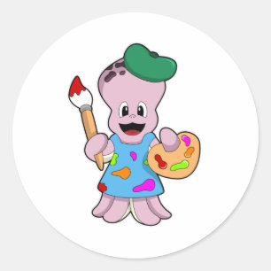Sticker Rond Octopus comme Peintre avec pinceau