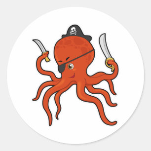 Sticker Rond Octopus comme Pirate avec épée et couteau