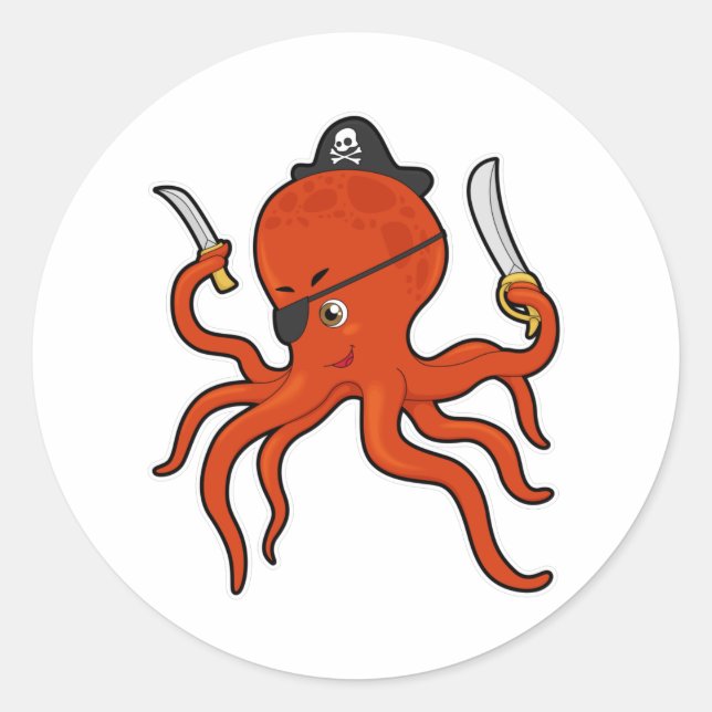 Sticker Rond Octopus comme Pirate avec épée et couteau (Devant)