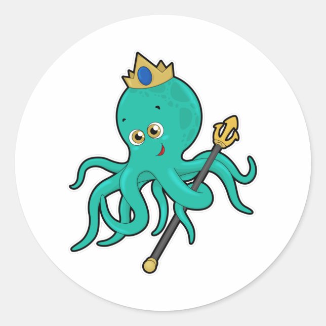 Sticker Rond Octopus comme roi avec Trident (Devant)