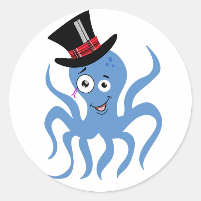 Sticker Rond Octopus dans un chapeau supérieur et Monocle (Devant)