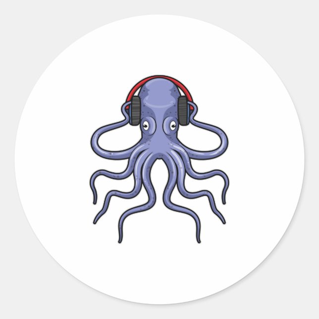 Sticker Rond Octopus en musique avec casque (Devant)
