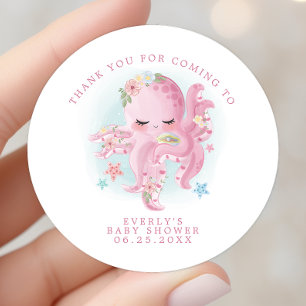 Sticker Rond Octopus Rose Fille Papier Aquarelle Baby Shower Re