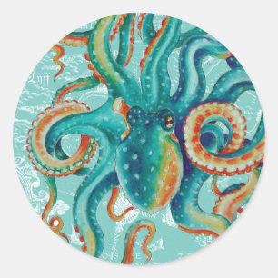 Sticker Rond Octopus Teal Vintage Map Watercolor
