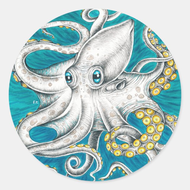 Sticker Rond Octopus Tentacles encre turquoise verte (Devant)