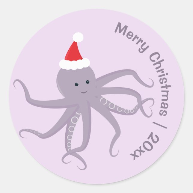 Sticker Rond Octopus violet Père Noël Joyeux Noël (Devant)