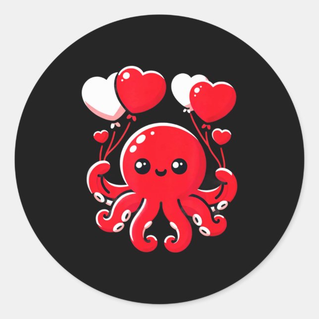 Sticker Rond Octopus With Heart Balloons Adorable Valentines Da (Devant)