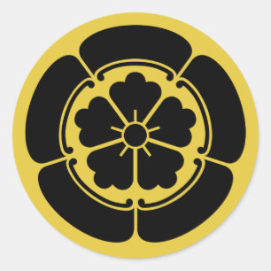 Sticker Rond Oda Mon japonais samouraï clan jaune sur noir