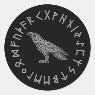 Sticker Rond Odin Raven Crow Viking Mythologie runes runes runi