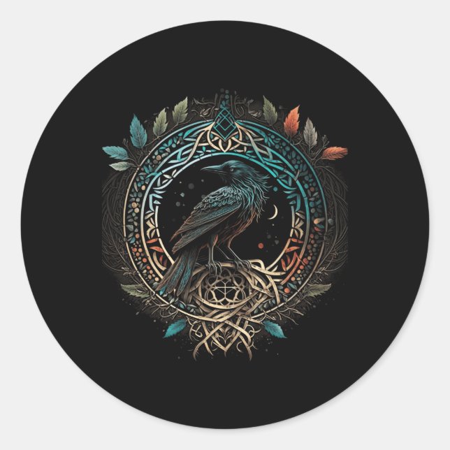 Sticker Rond Odin'S Bird North Valhalla Norse Mythology (Devant)