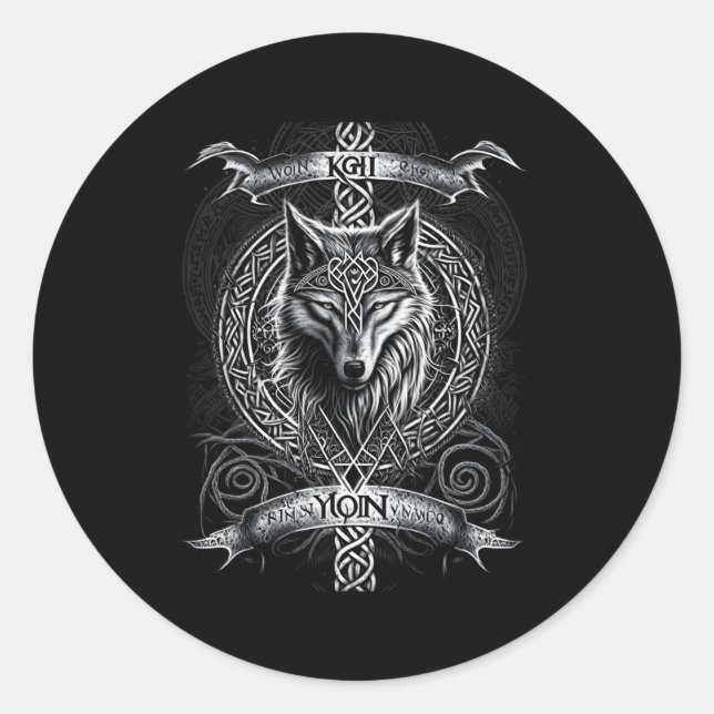 Sticker Rond Odin'S Wolf North Valhalla Norse Mythology (Devant)