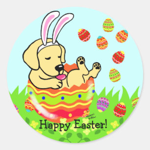 Sticker Rond Oeuf de Pâques Jaune Labrador Chiot caricature