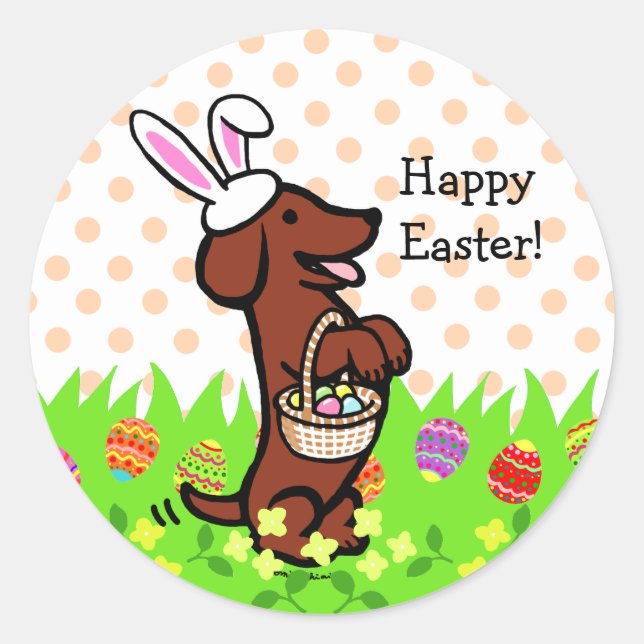 Sticker Rond Oeuf de Pâques Rouge Smooth Haired Dachshund (Devant)
