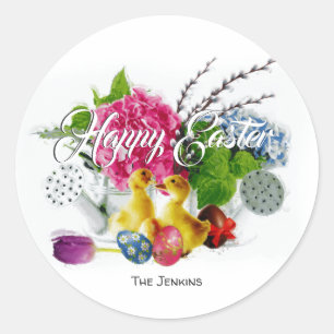Sticker Rond Oeufs de Pâques, colliers et fleurs de printemps