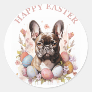 Sticker Rond Oeufs et fleurs de Chien de Pâques -