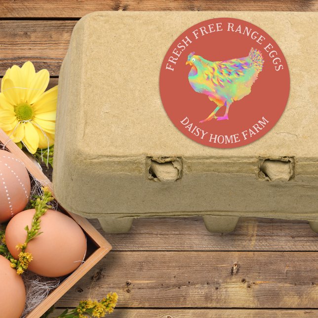 Sticker Rond OEufs frais Aquarelle Poulet d'affaires (Fresh free range chicken egg box stickers with business name and cute colorful hen illustration )