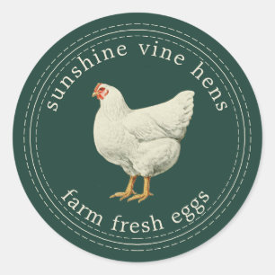 Sticker Rond Oeufs frais de ferme Vintage Hen Oeufs carton vert