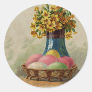 Sticker Rond Oeufs Pâques Panier Fleurs Antique