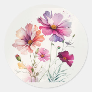 Sticker Rond Œuvre originale aquarelle jardin fleur cosmos
