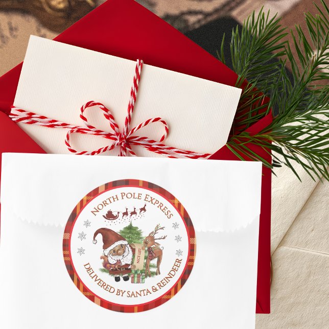 Sticker Rond Official North Pole Express Santa Red Plaid  (Official North Pole Express Santa Red Plaid Classic Round Sticker)