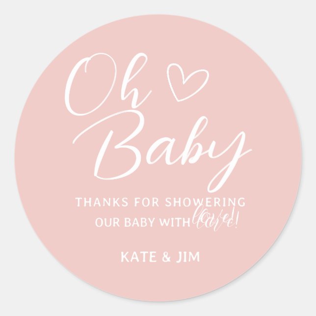 Sticker Rond Oh Baby Baby shower en Merci rose doux (Devant)