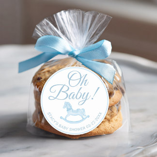 Sticker Rond Oh Baby Blue Rocking Horse Baby Shower Favor 