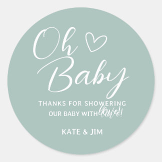 Sticker Rond Oh Baby Blue Sage Vert Baby shower Merci