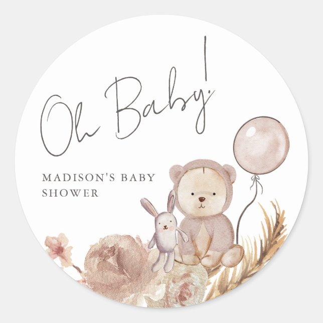 Sticker Rond Oh Baby Boho Botanical avec Baby shower d'ours dou (Devant)