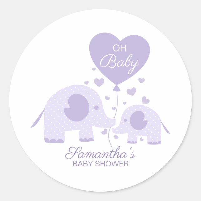 Sticker Rond Oh Baby Lovely Purple Elephant Baby shower Favoris (Devant)