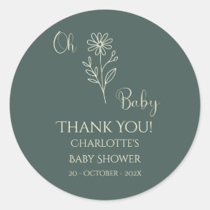 Sticker Rond Oh Baby Minimaliste Baby Shower Fleur Sauvage
