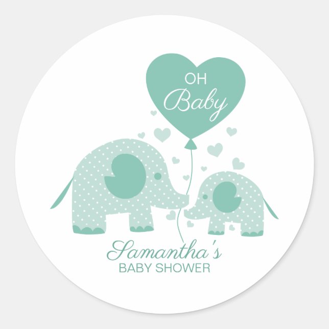 Sticker Rond Oh Baby Mint Green Elephant Baby shower Favoriser (Devant)