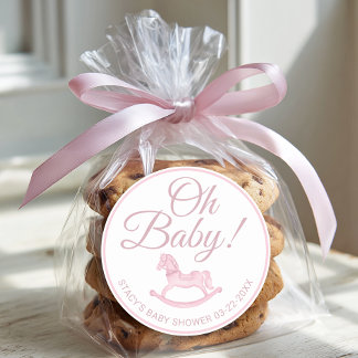 Sticker Rond Oh Baby Pink Rocking Horse Baby Shower Favor 