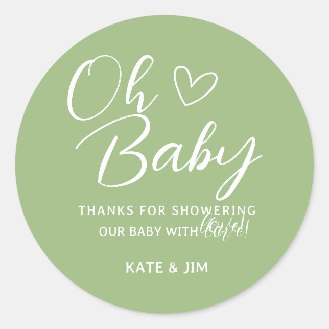 Sticker Rond Oh Baby Sage Vert Baby shower Merci Message (Devant)