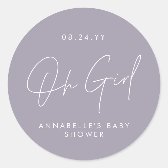 Sticker Rond oh Baby shower fille script violet lilas élégant (Devant)