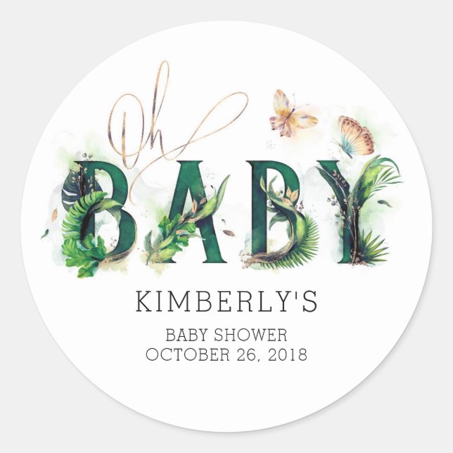 Sticker Rond Oh Baby Tropical Greenery Baby shower de plage (Devant)