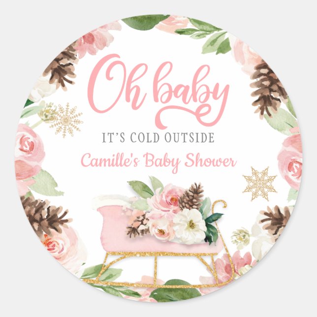 Sticker Rond Oh Baby Winter Rose Fille Faveur de Baby Shower (Devant)