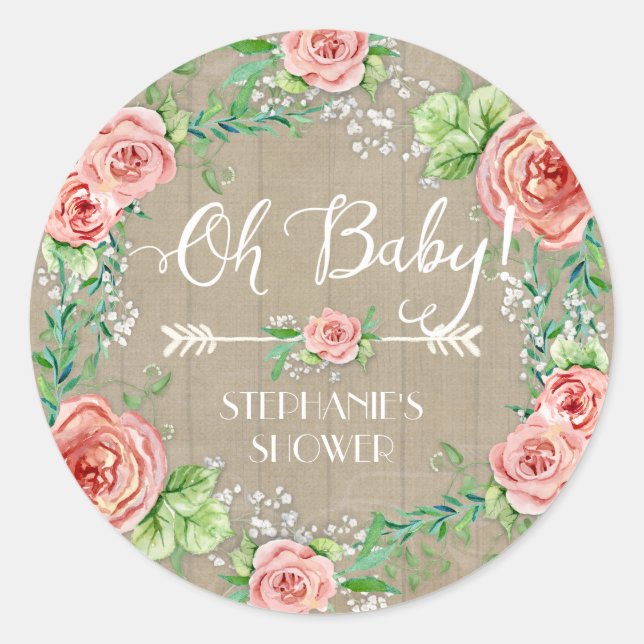 Sticker Rond Oh Bébé BOHO Bohème Floral Bébés Respirer Rustique (Devant)