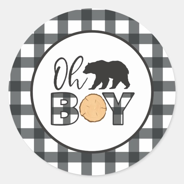 Sticker Rond Oh Boy Bear noir Buffalo Plaid Baby shower (Devant)