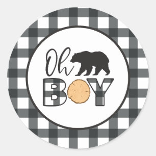 Sticker Rond Oh Boy Bear noir Buffalo Plaid Baby shower