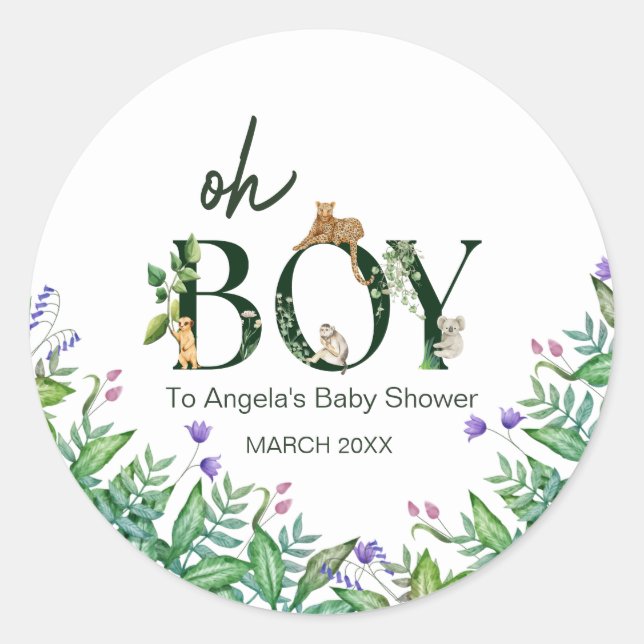 Sticker Rond Oh boy Safari Animal Jungle Baby shower blanc (Devant)